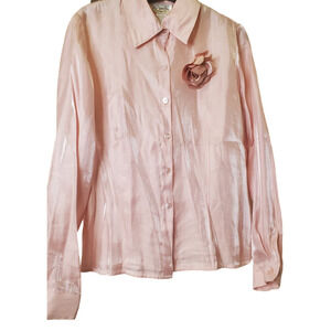 NYC Design Co Women's Iridescent Shiny Pastel Pink Floral Dress Shirt Sz M